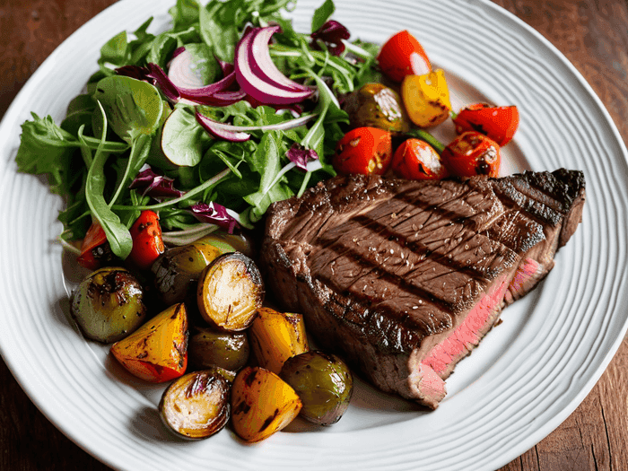 Paleo meal with grass-fed meat, sweet potato and organic vegetables