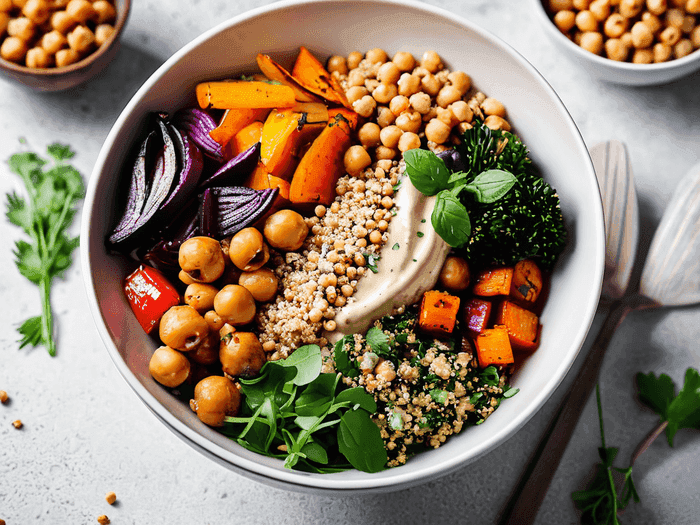 Fresh colorful vegan meal bowl with quinoa, vegetables and plant-based proteins