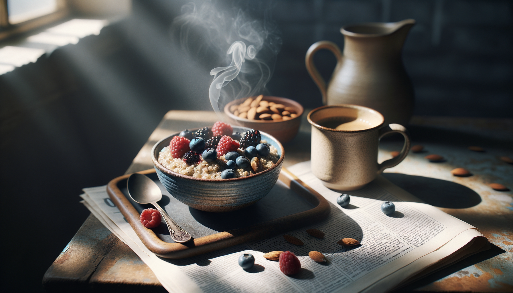 Creamy quinoa porridge topped with fresh berries in white bowl