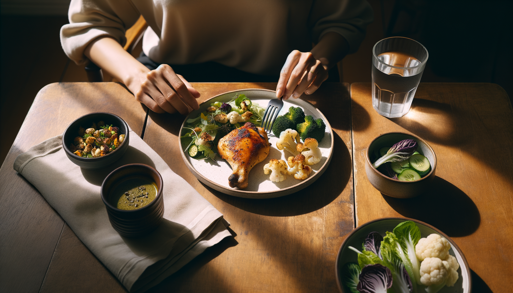 Colorful ketogenic meal with avocado, salmon and low-carb vegetables on modern plate