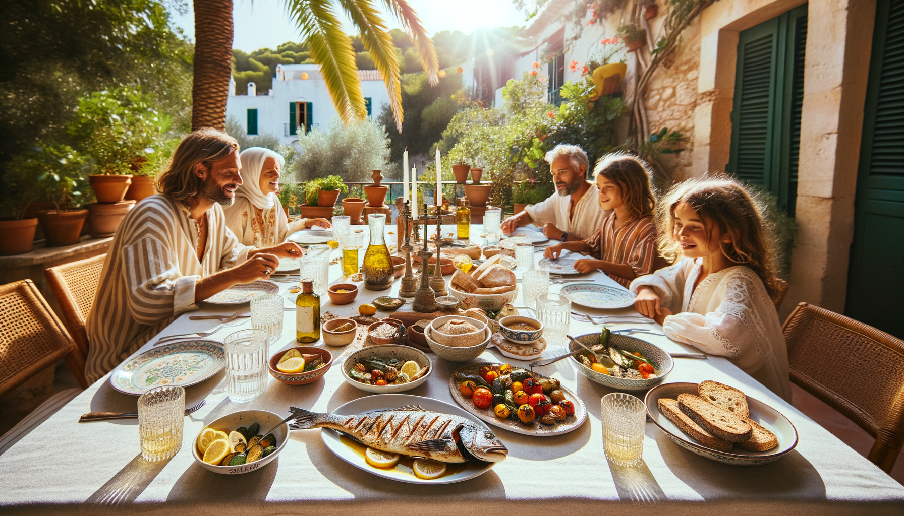 Mediterranean meal with olive oil, fish, vegetables and fresh herbs